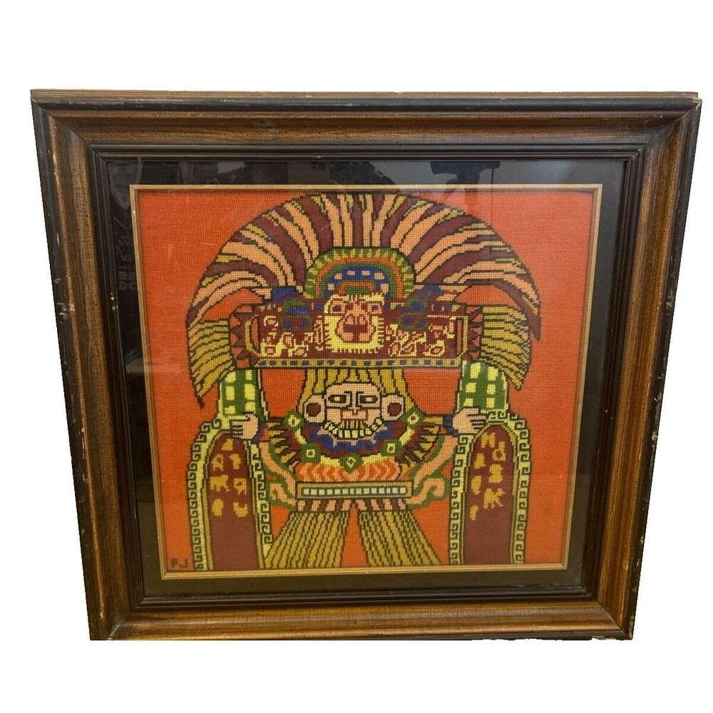 Vintage Red Aztec Mayan Needlepoint Finished Framed Piece Signed JP Square